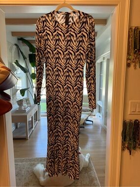 Norma Kamali Navy and White Zebra-Print Long-Sleeve Maxi Dress